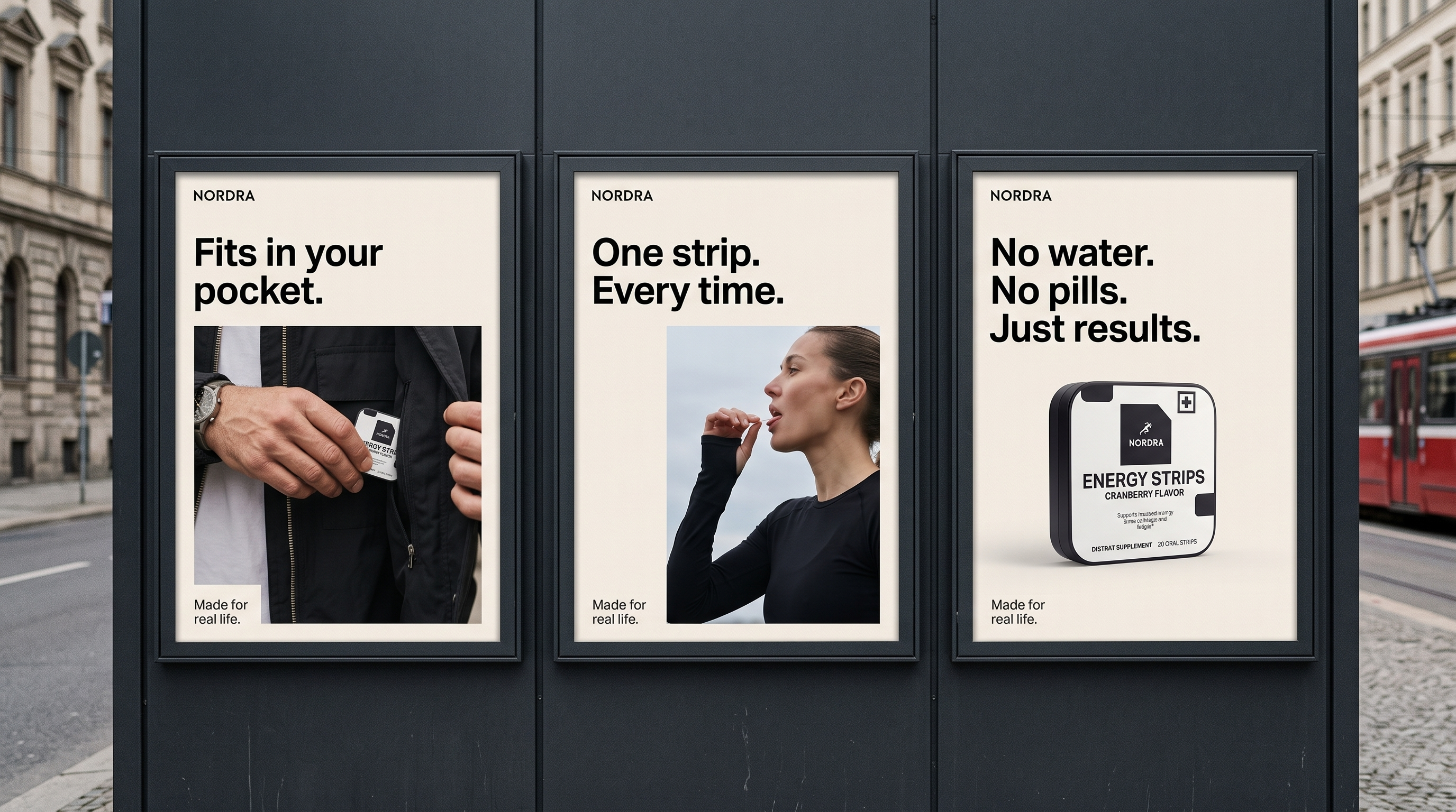 Nordra billboard campaign — Fits in your pocket. One strip. Every time. No water. No pills. Just results.